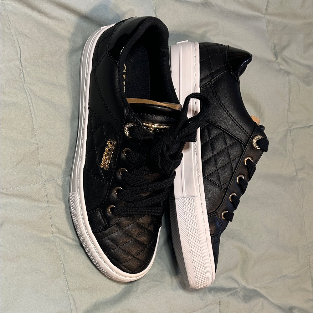 GUESS Loven Black Quilted Sneakers with Gold Hardware - 6M - NWT